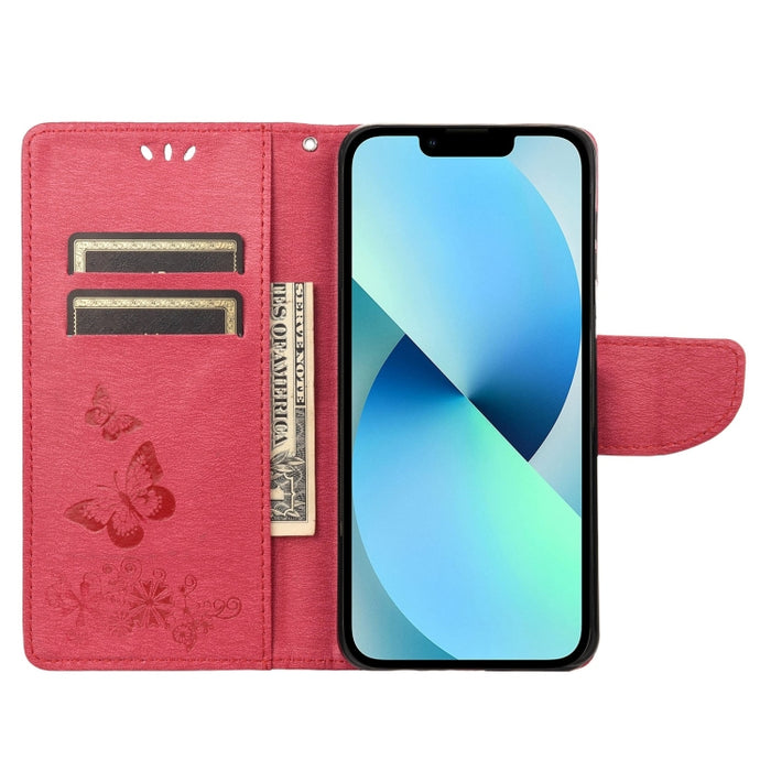 Estuche para teléfono de cuero con tapa horizontal en relieve de mariposa