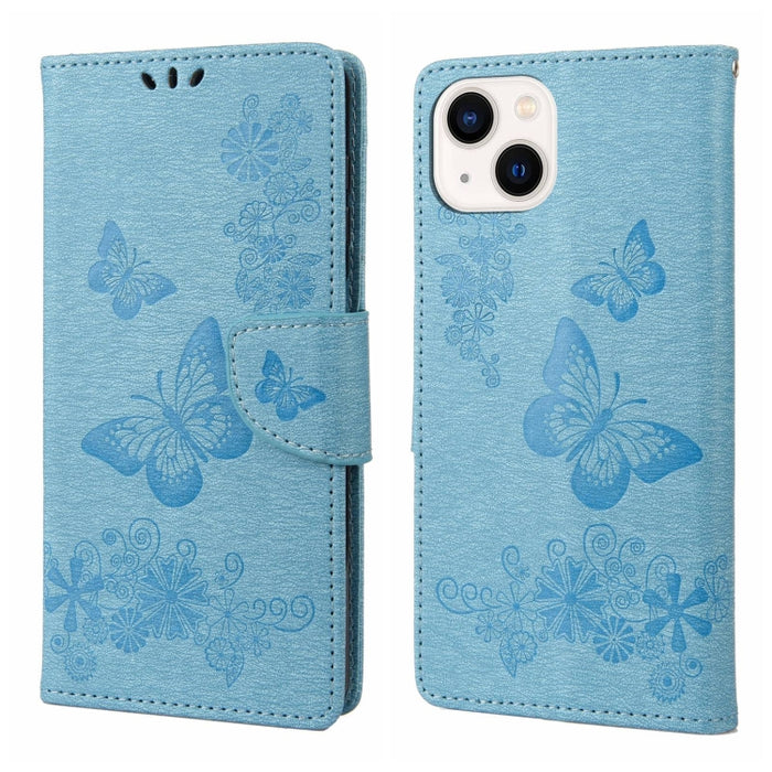 Estuche para teléfono de cuero con tapa horizontal en relieve de mariposa