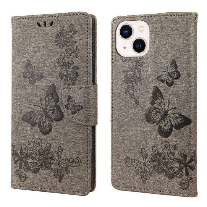 Estuche para teléfono de cuero con tapa horizontal en relieve de mariposa