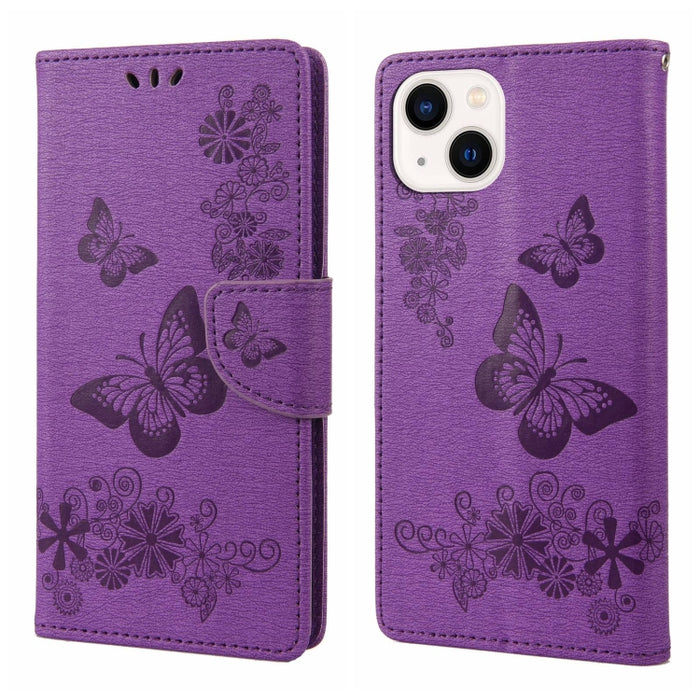 Estuche para teléfono de cuero con tapa horizontal en relieve de mariposa