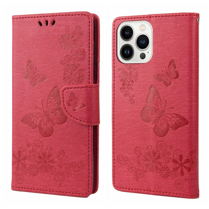 Estuche para teléfono de cuero con tapa horizontal en relieve de mariposa