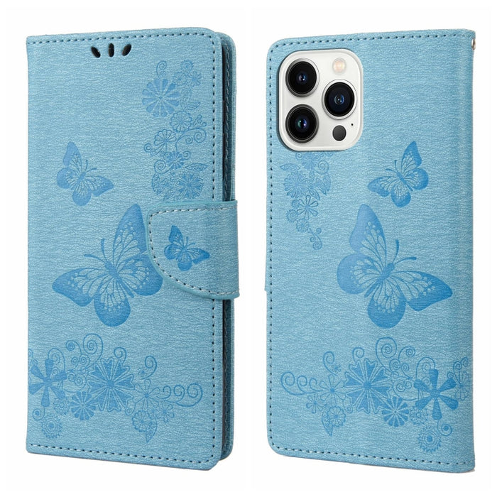 Estuche para teléfono de cuero con tapa horizontal en relieve de mariposa