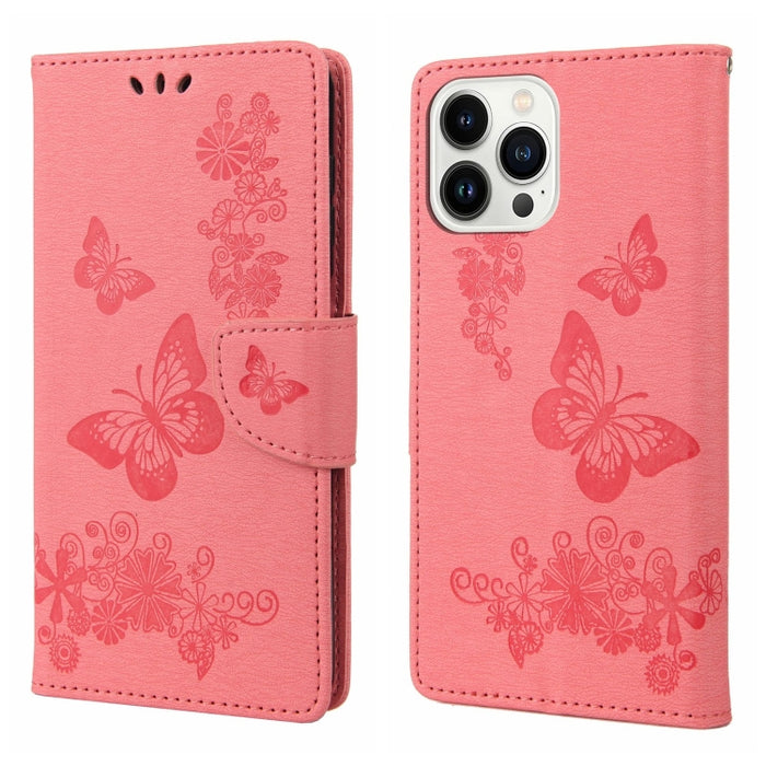 Estuche para teléfono de cuero con tapa horizontal en relieve de mariposa