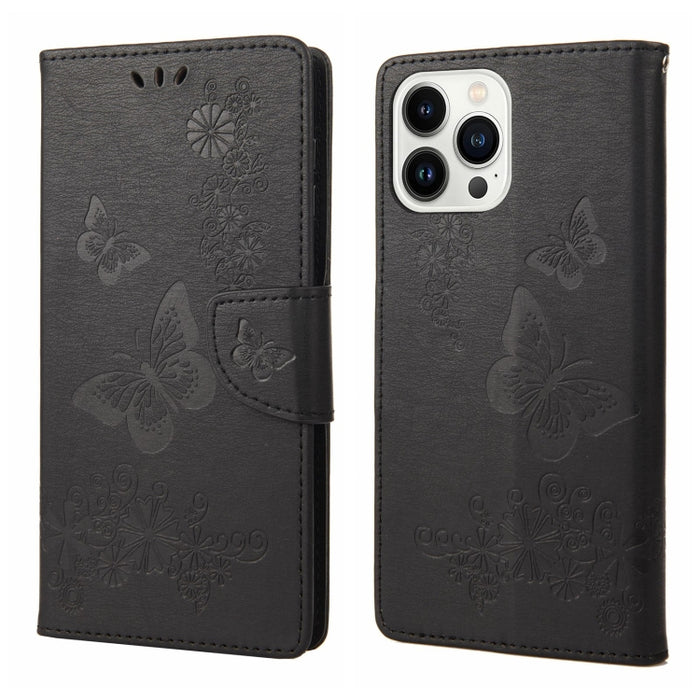 Estuche para teléfono de cuero con tapa horizontal en relieve de mariposa