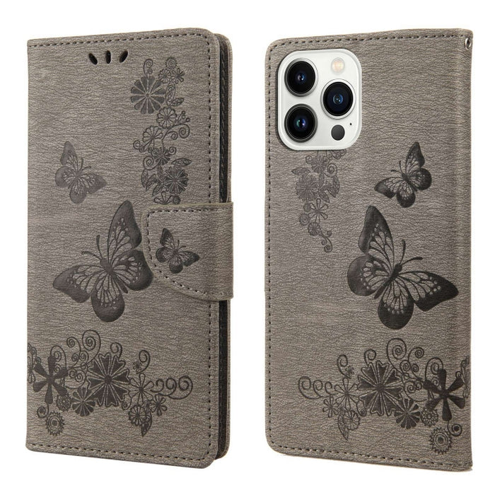 Estuche para teléfono de cuero con tapa horizontal en relieve de mariposa