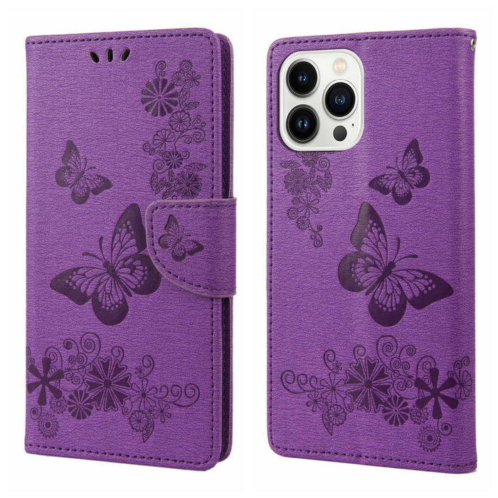 Estuche para teléfono de cuero con tapa horizontal en relieve de mariposa