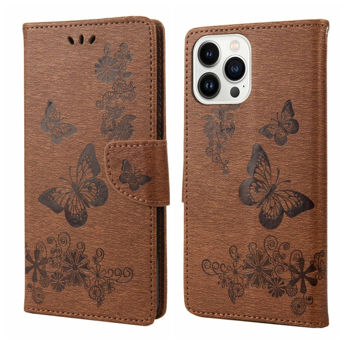 Estuche para teléfono de cuero con tapa horizontal en relieve de mariposa