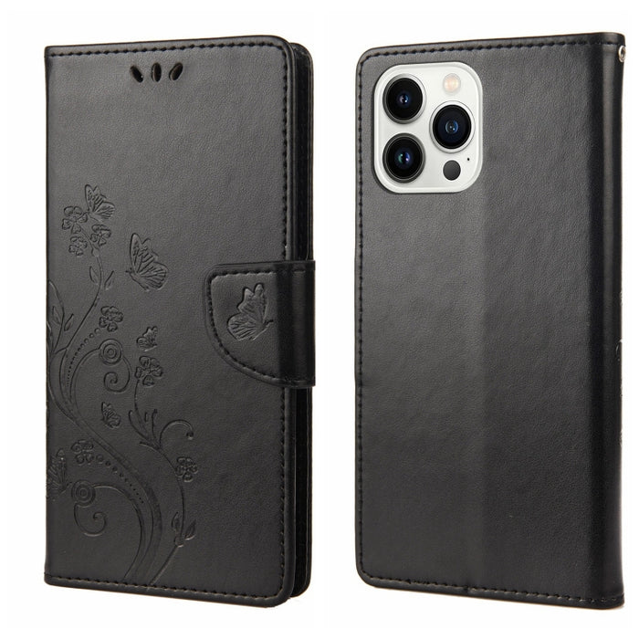 Estuche para teléfono con tapa de cuero con estampado de flores de mariposa
