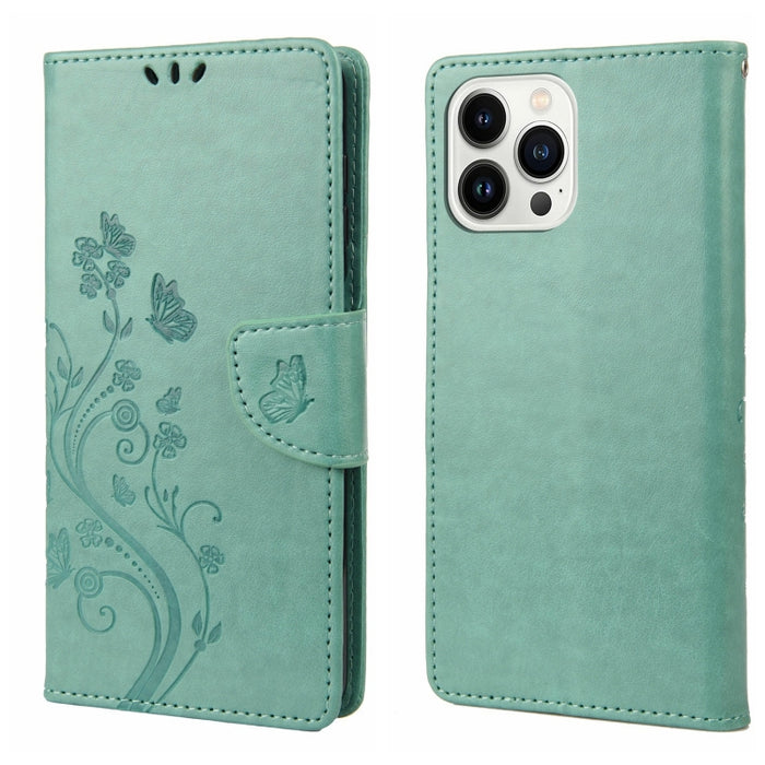 Estuche para teléfono con tapa de cuero con estampado de flores de mariposa