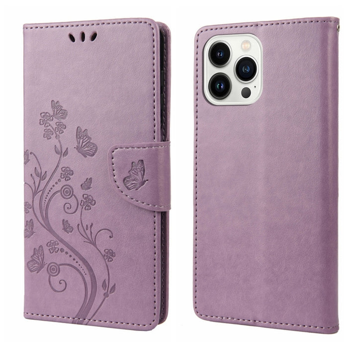 Estuche para teléfono con tapa de cuero con estampado de flores de mariposa