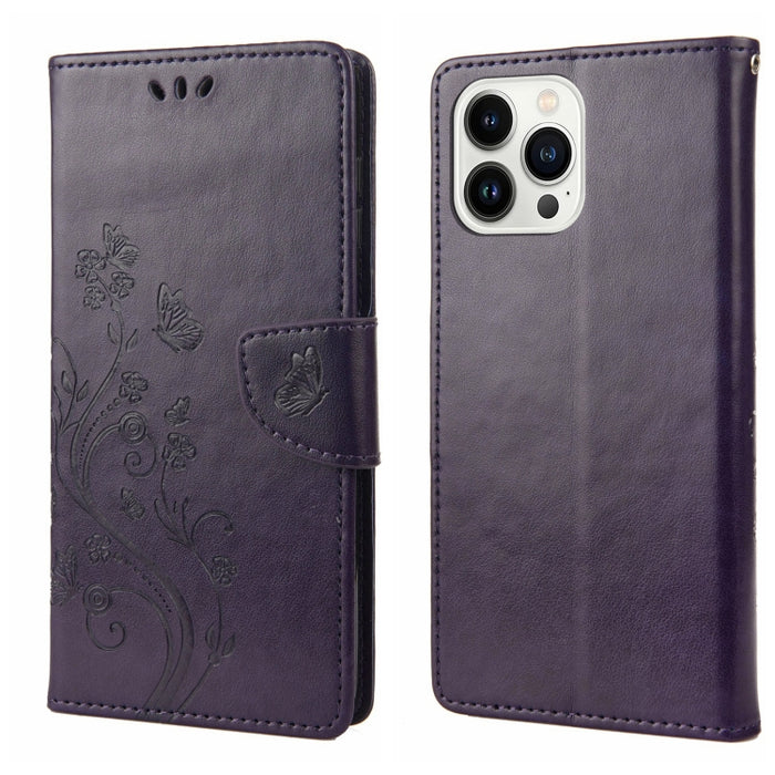 Estuche para teléfono con tapa de cuero con estampado de flores de mariposa