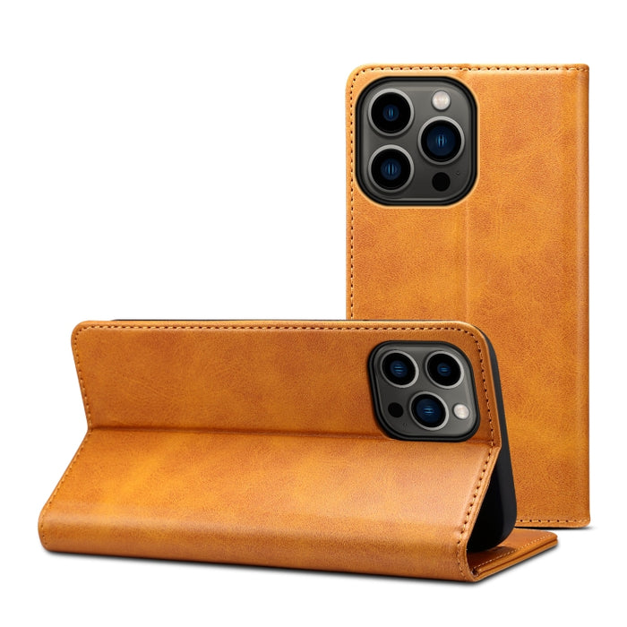 Estuche para teléfono de cuero con tapa horizontal y textura de becerro