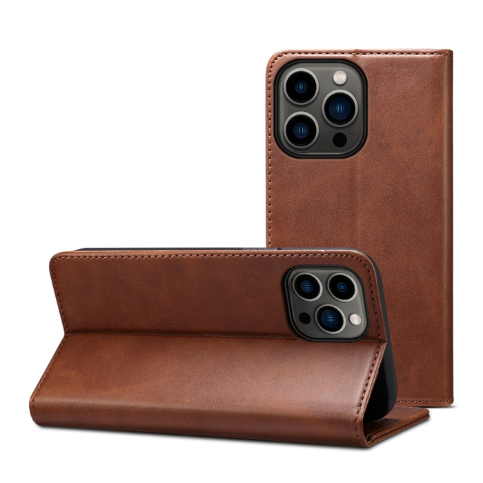 Estuche para teléfono de cuero con tapa horizontal y textura de becerro