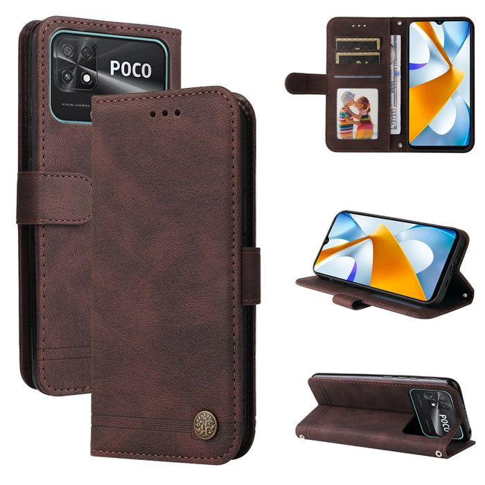 Skin Feel Life Tree Funda de piel para teléfono con botón de metal, For vivo Y02s, For vivo Y75 4G / S10e, For vivo Y77 5G, For Xiaomi Poco C40, For Xiaomi Poco M4 5G