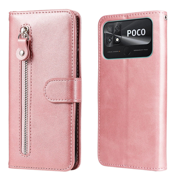Estuche para teléfono de cuero con cremallera y textura de becerro, For vivo Y02s, For vivo Y75 4G / S10e, For vivo Y77 5G, For Xiaomi Poco C40, For Xiaomi Poco M4 5G