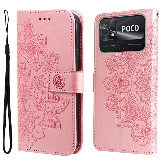 Estuche para teléfono de cuero con estampado de flores de 7 pétalos, For vivo Y02s, For vivo Y75 4G / S10e, For vivo Y77 5G, For Xiaomi Poco C40, For Xiaomi Poco M4 5G