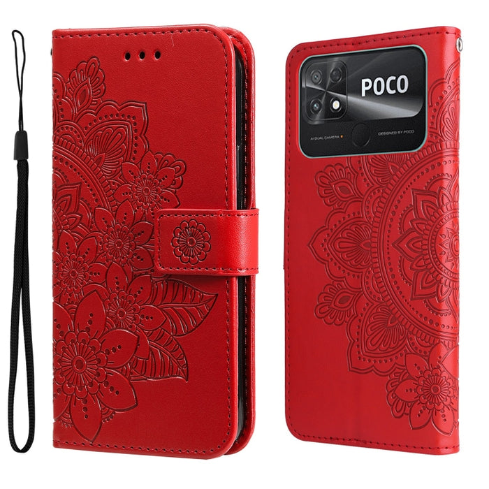 Estuche para teléfono de cuero con estampado de flores de 7 pétalos, For vivo Y02s, For vivo Y75 4G / S10e, For vivo Y77 5G, For Xiaomi Poco C40, For Xiaomi Poco M4 5G