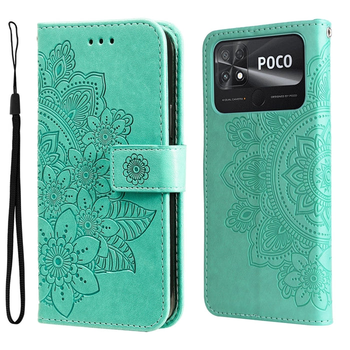 Estuche para teléfono de cuero con estampado de flores de 7 pétalos, For vivo Y02s, For vivo Y75 4G / S10e, For vivo Y77 5G, For Xiaomi Poco C40, For Xiaomi Poco M4 5G