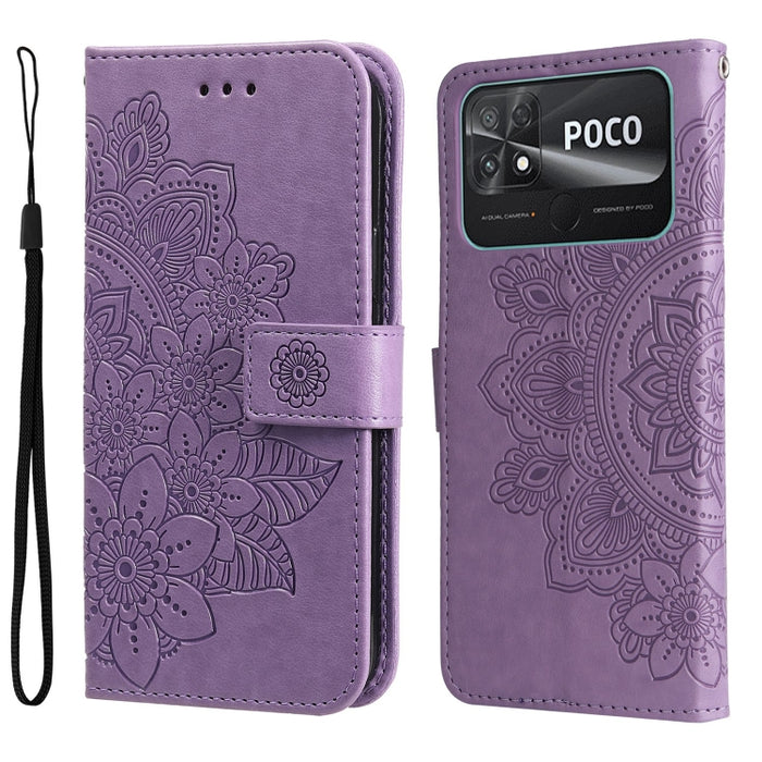 Estuche para teléfono de cuero con estampado de flores de 7 pétalos, For vivo Y02s, For vivo Y75 4G / S10e, For vivo Y77 5G, For Xiaomi Poco C40, For Xiaomi Poco M4 5G
