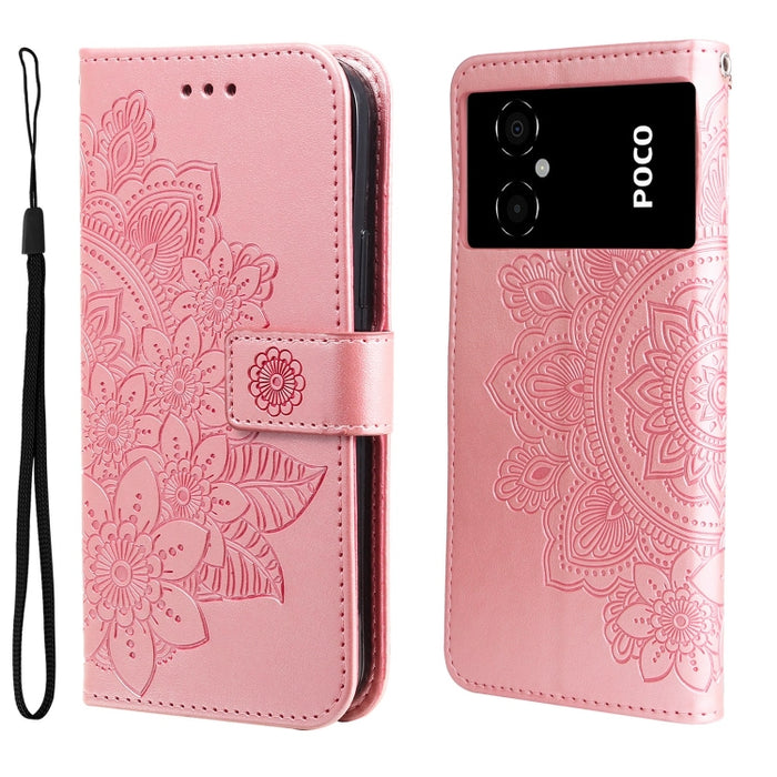 Estuche para teléfono de cuero con estampado de flores de 7 pétalos, For vivo Y02s, For vivo Y75 4G / S10e, For vivo Y77 5G, For Xiaomi Poco C40, For Xiaomi Poco M4 5G