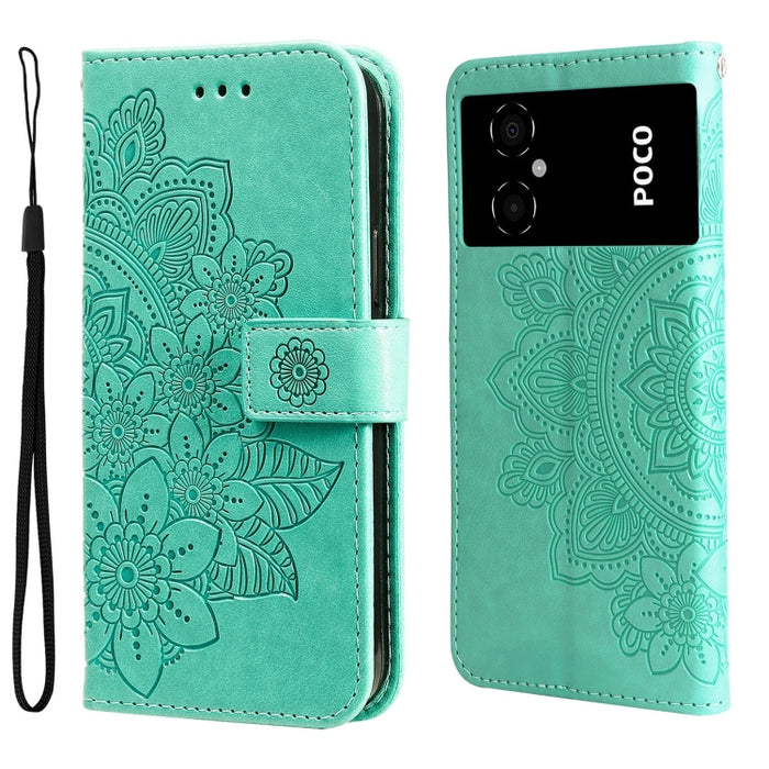Estuche para teléfono de cuero con estampado de flores de 7 pétalos, For vivo Y02s, For vivo Y75 4G / S10e, For vivo Y77 5G, For Xiaomi Poco C40, For Xiaomi Poco M4 5G