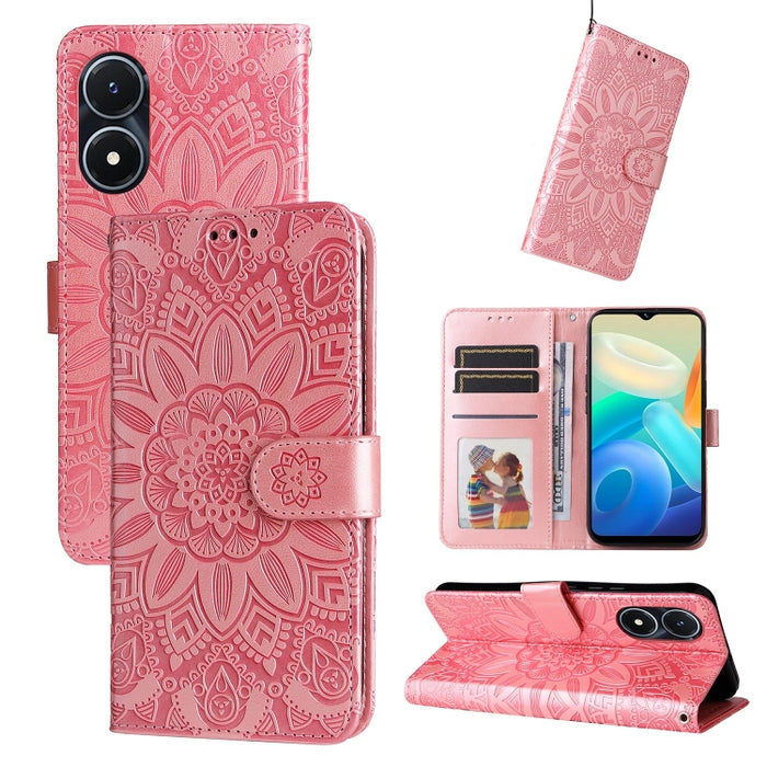 Estuche para teléfono de cuero con estampado de girasol en relieve, For vivo Y02s, For vivo Y75 4G / S10e, For vivo Y77 5G, For Xiaomi Poco C40, For Xiaomi Poco M4 5G