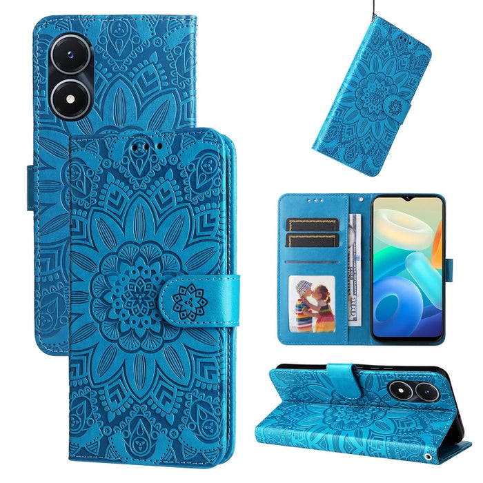Estuche para teléfono de cuero con estampado de girasol en relieve, For vivo Y02s, For vivo Y75 4G / S10e, For vivo Y77 5G, For Xiaomi Poco C40, For Xiaomi Poco M4 5G