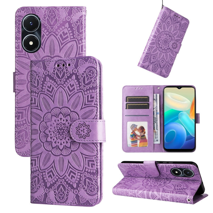 Estuche para teléfono de cuero con estampado de girasol en relieve, For vivo Y02s, For vivo Y75 4G / S10e, For vivo Y77 5G, For Xiaomi Poco C40, For Xiaomi Poco M4 5G