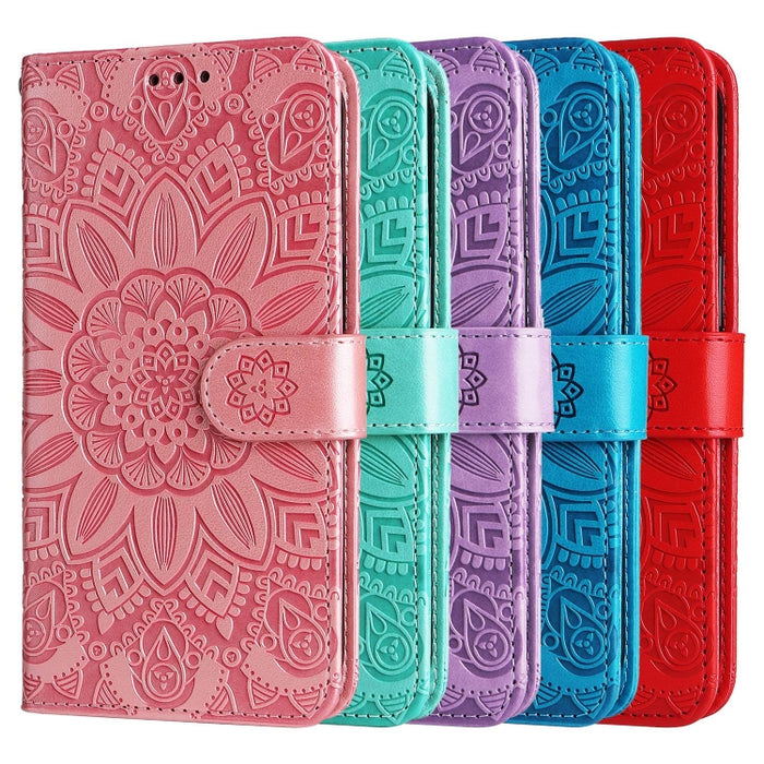 Estuche para teléfono de cuero con estampado de girasol en relieve, For vivo Y02s, For vivo Y75 4G / S10e, For vivo Y77 5G, For Xiaomi Poco C40, For Xiaomi Poco M4 5G