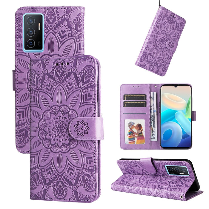 Estuche para teléfono de cuero con estampado de girasol en relieve, For vivo Y02s, For vivo Y75 4G / S10e, For vivo Y77 5G, For Xiaomi Poco C40, For Xiaomi Poco M4 5G