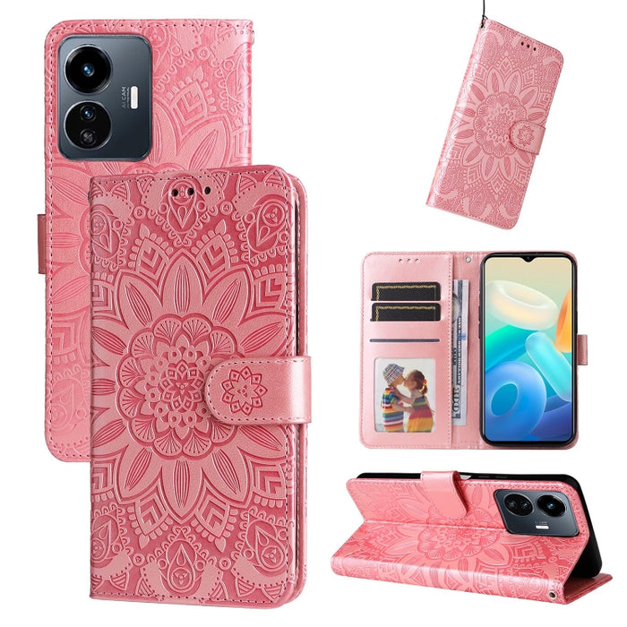 Estuche para teléfono de cuero con estampado de girasol en relieve, For vivo Y02s, For vivo Y75 4G / S10e, For vivo Y77 5G, For Xiaomi Poco C40, For Xiaomi Poco M4 5G