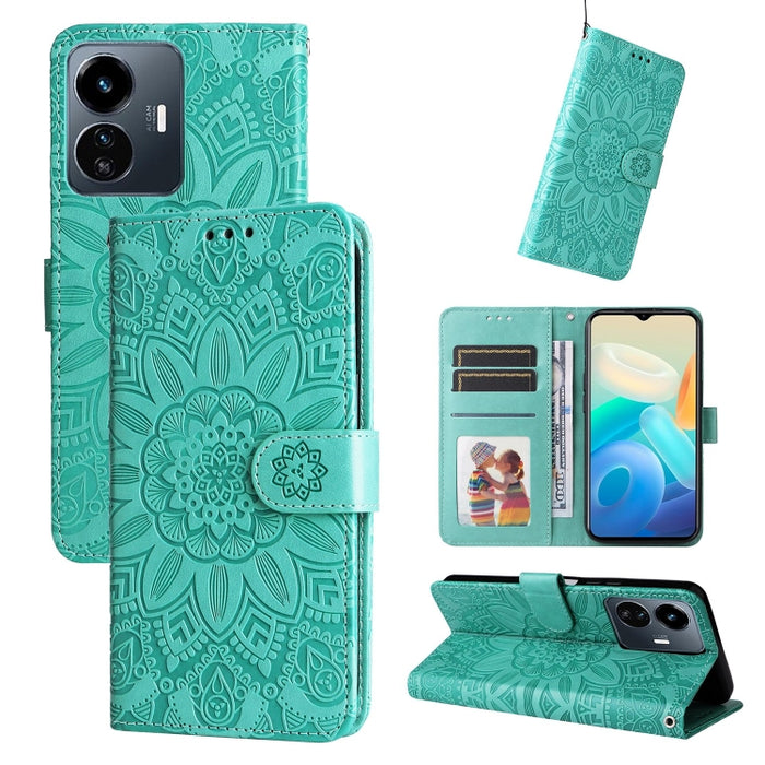 Estuche para teléfono de cuero con estampado de girasol en relieve, For vivo Y02s, For vivo Y75 4G / S10e, For vivo Y77 5G, For Xiaomi Poco C40, For Xiaomi Poco M4 5G