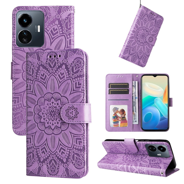 Estuche para teléfono de cuero con estampado de girasol en relieve, For vivo Y02s, For vivo Y75 4G / S10e, For vivo Y77 5G, For Xiaomi Poco C40, For Xiaomi Poco M4 5G