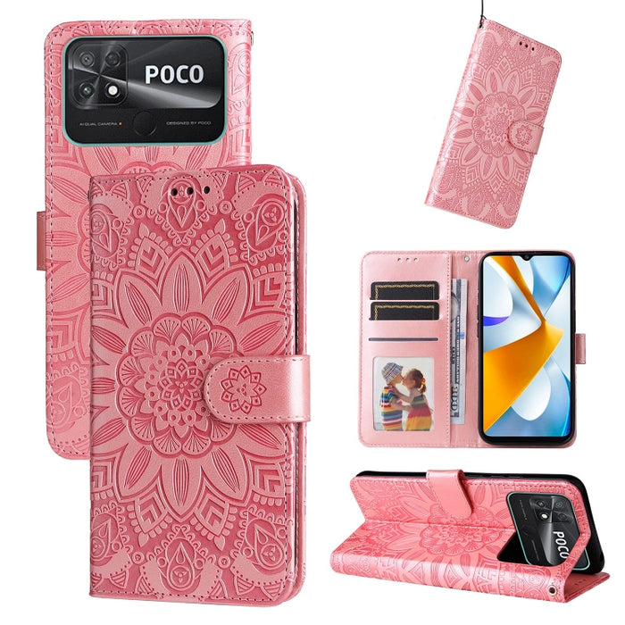 Estuche para teléfono de cuero con estampado de girasol en relieve, For vivo Y02s, For vivo Y75 4G / S10e, For vivo Y77 5G, For Xiaomi Poco C40, For Xiaomi Poco M4 5G