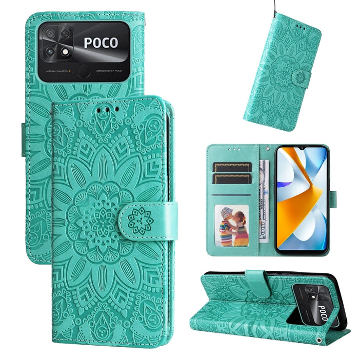 Estuche para teléfono de cuero con estampado de girasol en relieve, For vivo Y02s, For vivo Y75 4G / S10e, For vivo Y77 5G, For Xiaomi Poco C40, For Xiaomi Poco M4 5G