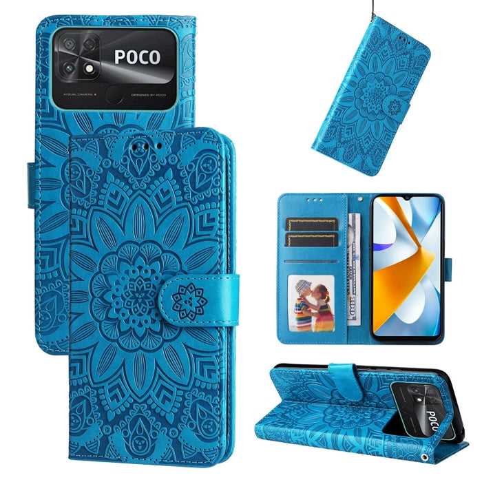 Estuche para teléfono de cuero con estampado de girasol en relieve, For vivo Y02s, For vivo Y75 4G / S10e, For vivo Y77 5G, For Xiaomi Poco C40, For Xiaomi Poco M4 5G