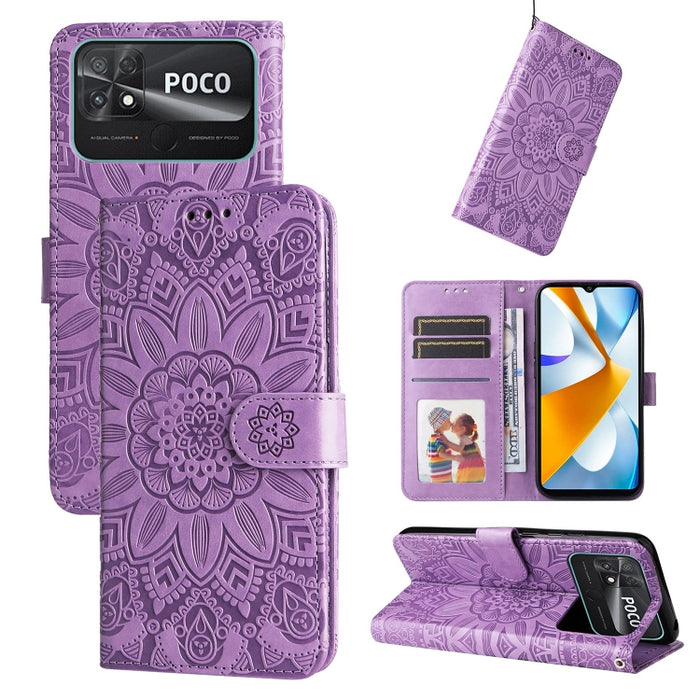Estuche para teléfono de cuero con estampado de girasol en relieve, For vivo Y02s, For vivo Y75 4G / S10e, For vivo Y77 5G, For Xiaomi Poco C40, For Xiaomi Poco M4 5G