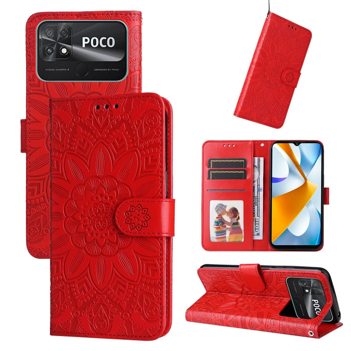 Estuche para teléfono de cuero con estampado de girasol en relieve, For vivo Y02s, For vivo Y75 4G / S10e, For vivo Y77 5G, For Xiaomi Poco C40, For Xiaomi Poco M4 5G