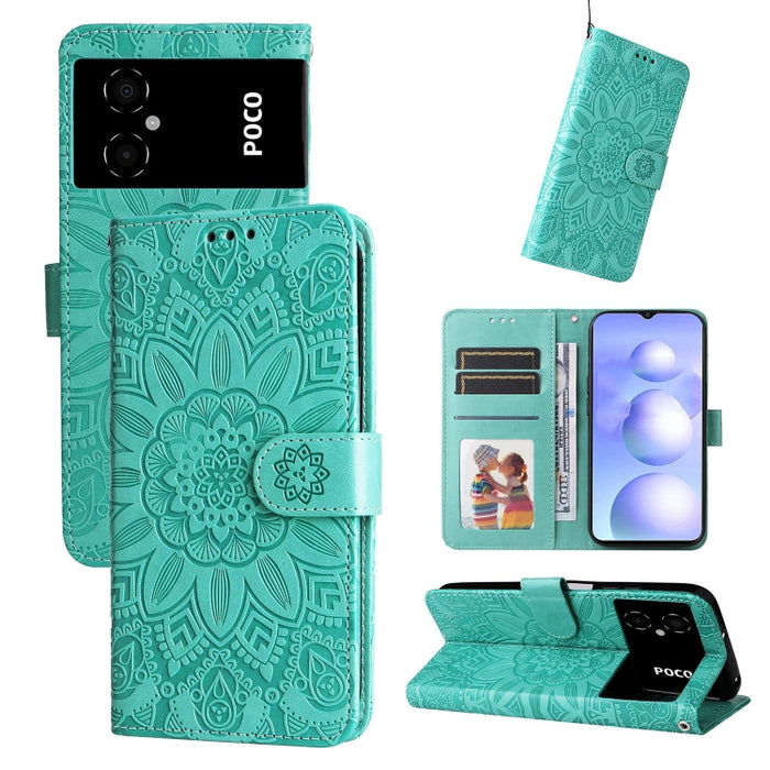 Estuche para teléfono de cuero con estampado de girasol en relieve, For vivo Y02s, For vivo Y75 4G / S10e, For vivo Y77 5G, For Xiaomi Poco C40, For Xiaomi Poco M4 5G