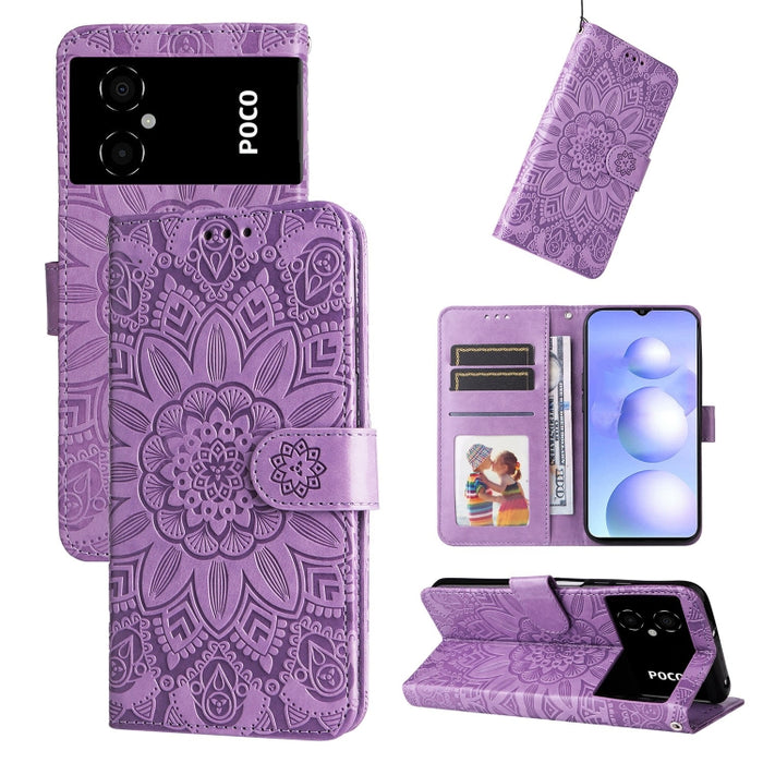 Estuche para teléfono de cuero con estampado de girasol en relieve, For vivo Y02s, For vivo Y75 4G / S10e, For vivo Y77 5G, For Xiaomi Poco C40, For Xiaomi Poco M4 5G