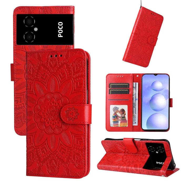 Estuche para teléfono de cuero con estampado de girasol en relieve, For vivo Y02s, For vivo Y75 4G / S10e, For vivo Y77 5G, For Xiaomi Poco C40, For Xiaomi Poco M4 5G