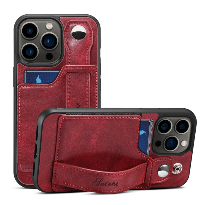 Suteni 215 correa de muñeca funda de teléfono PU, For iPhone 14, For iPhone 14 Plus, For iPhone 14 Pro, For iPhone 14 Pro Max