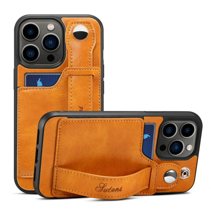 Suteni 215 correa de muñeca funda de teléfono PU, For iPhone 14, For iPhone 14 Plus, For iPhone 14 Pro, For iPhone 14 Pro Max