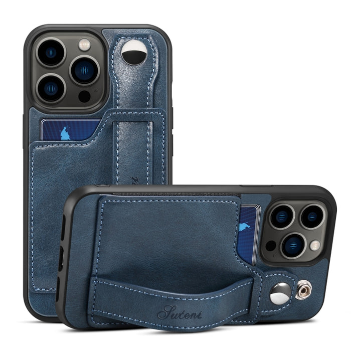 Suteni 215 correa de muñeca funda de teléfono PU, For iPhone 14, For iPhone 14 Plus, For iPhone 14 Pro, For iPhone 14 Pro Max