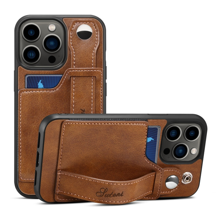 Suteni 215 correa de muñeca funda de teléfono PU, For iPhone 14, For iPhone 14 Plus, For iPhone 14 Pro, For iPhone 14 Pro Max