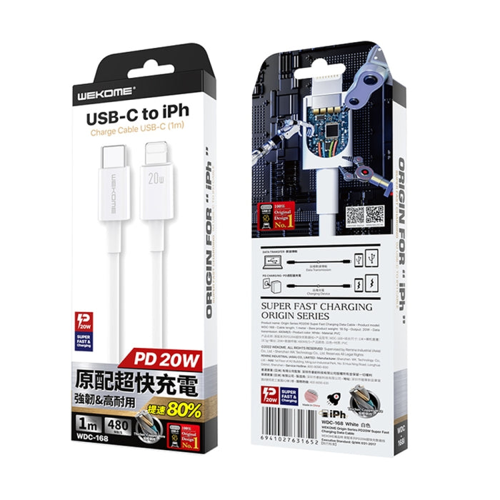 WEKOME WDC-168 Original Series PD 20W USB-C / Type-C a cable de datos de carga rápida de 8 pines