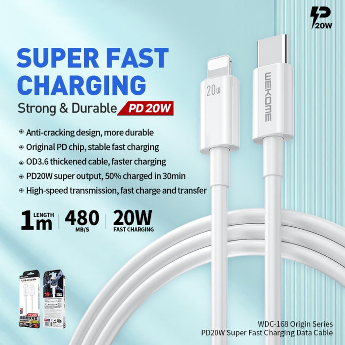 WEKOME WDC-168 Original Series PD 20W USB-C / Type-C a cable de datos de carga rápida de 8 pines