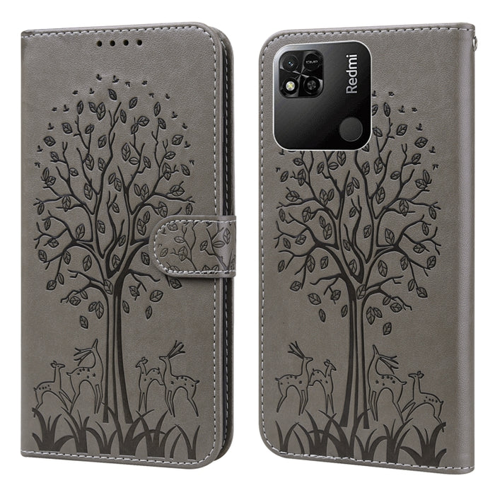 Estuche para teléfono de cuero con tapa prensada con patrón de árbol y ciervo, For Xiaomi Redmi 10A, For Sony Xperia 10 IV
