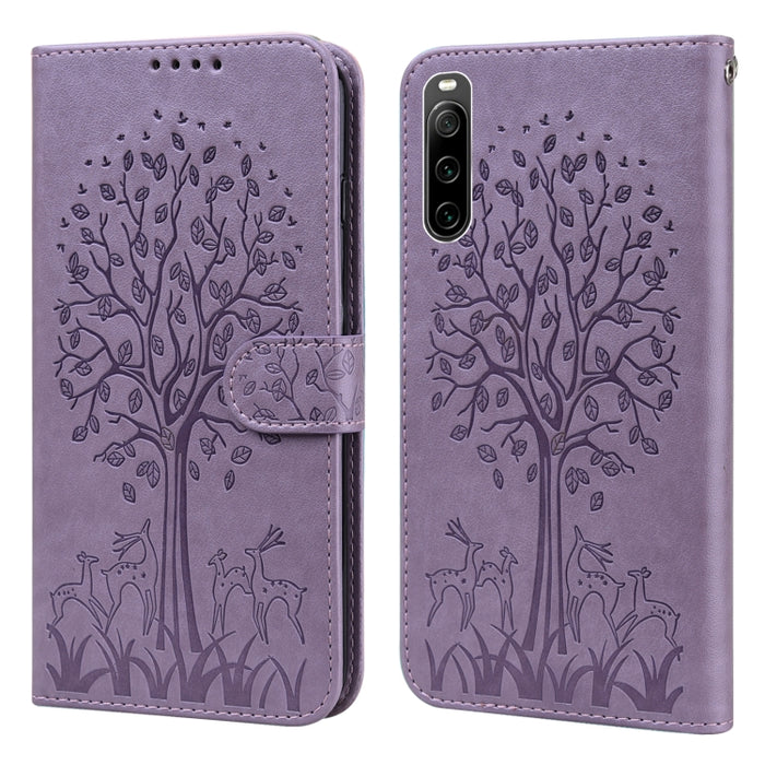 Estuche para teléfono de cuero con tapa prensada con patrón de árbol y ciervo, For Xiaomi Redmi 10A, For Sony Xperia 10 IV