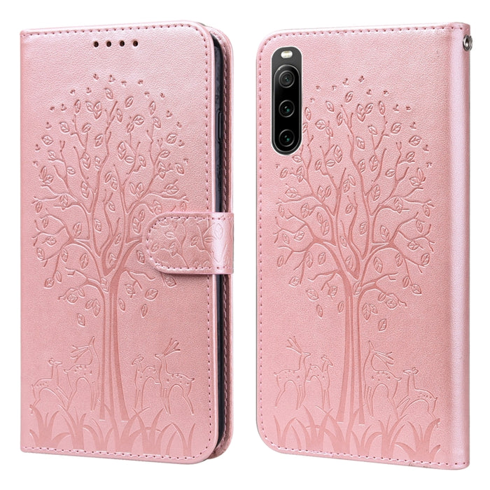 Estuche para teléfono de cuero con tapa prensada con patrón de árbol y ciervo, For Xiaomi Redmi 10A, For Sony Xperia 10 IV